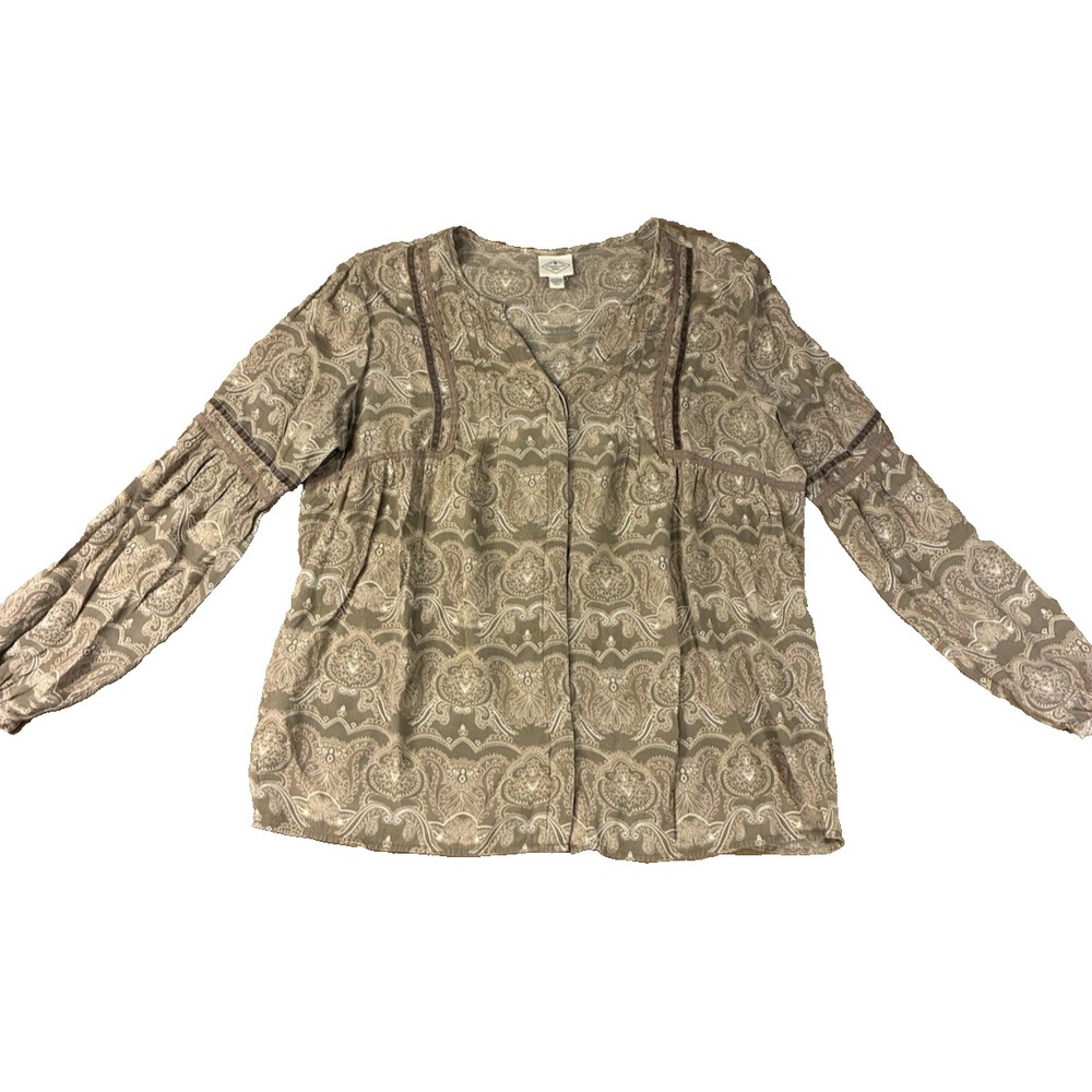 Womens XL Paisley Blouse Brown Tan Peasant Blouse Boho